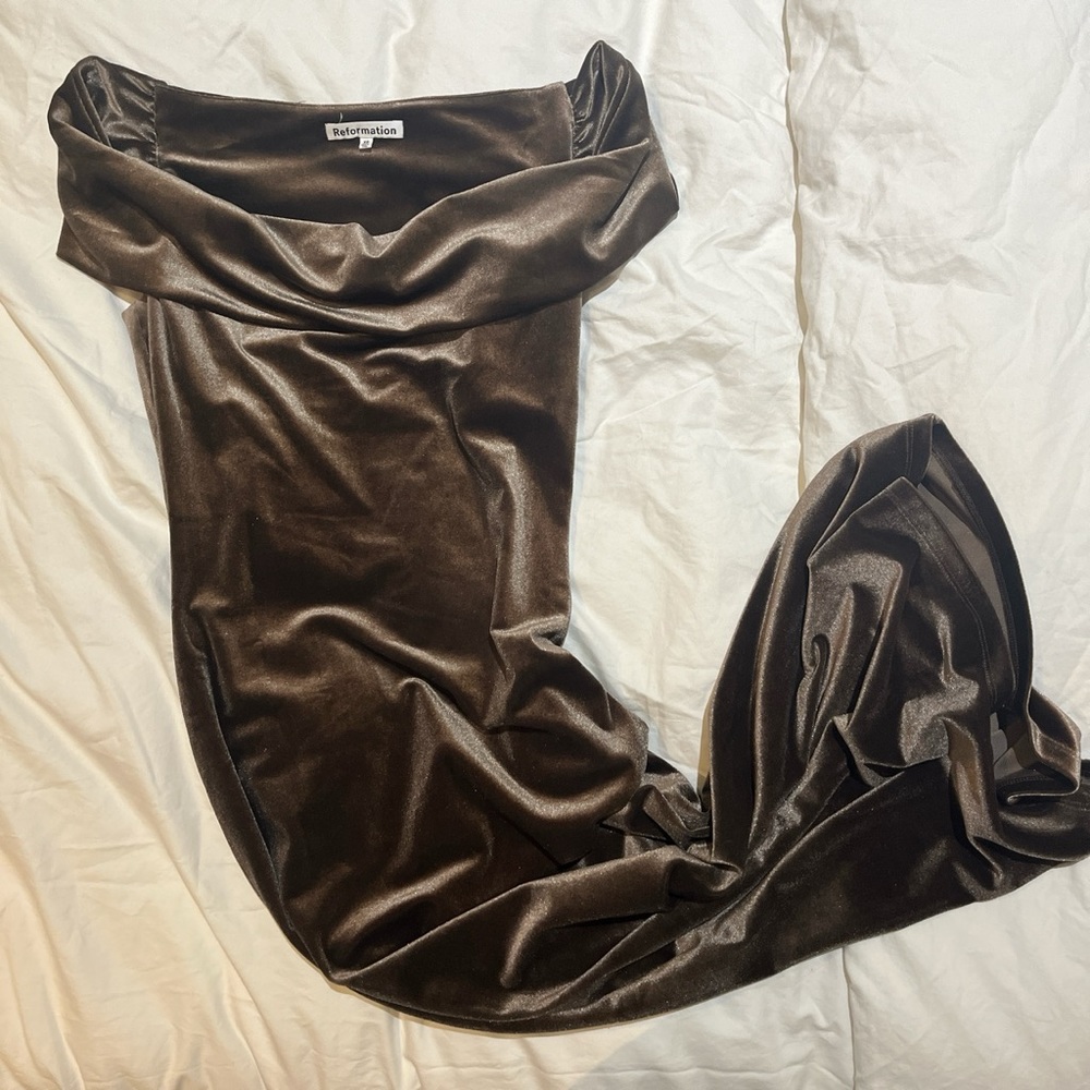 Reformation brown velvet off the shoulder asymmetrical midi dress